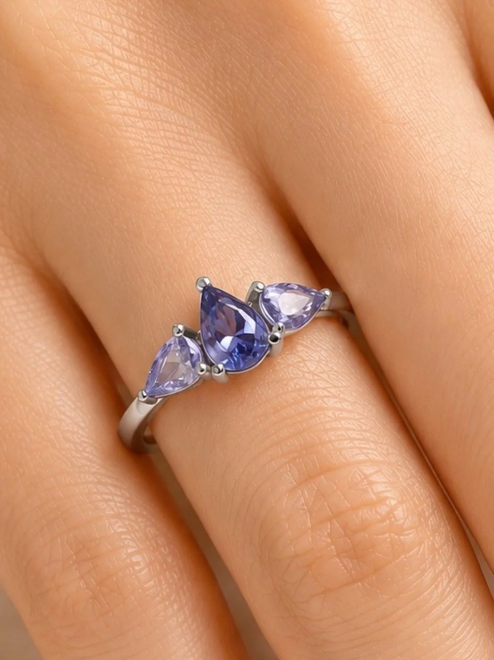 Tanzanite 3 Stone Ring 0.75 CTW Violet Blue Pear Cut Stainless Steel Ring Size 7